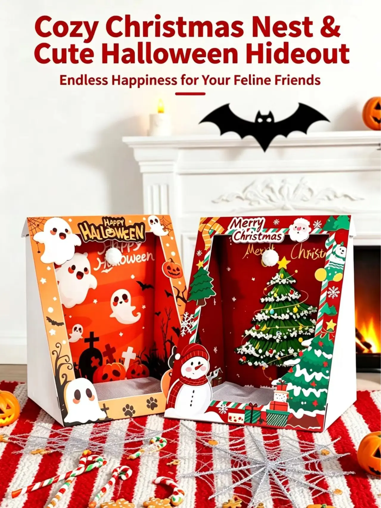Holiday Cat Scratcher Hideaway, Semi-Enclosed Cardboard Cat House with Corrugated Scratch Pad & Hanging Pom-Pom, Christmas and Halloween Designs