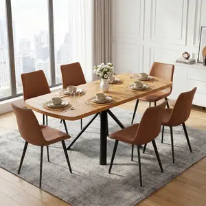 HIPIHOM Extendable Wood Dining Table Set & Warm Brown PU Leather Chairs. Minimalist 3-prong metal base for max legroom, rounded edges & natural grain. Perfect for home renovations.