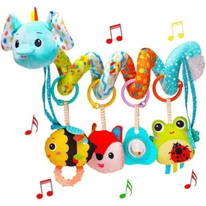 Stroller Toys, Car Seat Toys for Babies Infants 0-6 Months, Activity Spiral Plush Hanging Toy Gift for Baby Boys and Girls 0 3 6 12 Months Newborn Sensory Toy with Rattles Squeaker Music -Blue