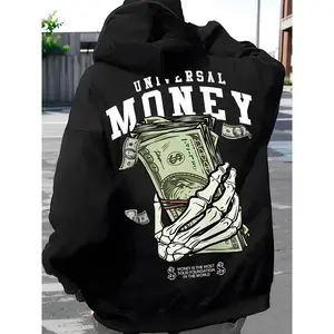 Men’s zip-up hoodie with skeleton hand and money graphic, regular fit casual drop-shoulder long-sleeve hooded sweatshirt for daily wear, men’s clothing for fall and winter