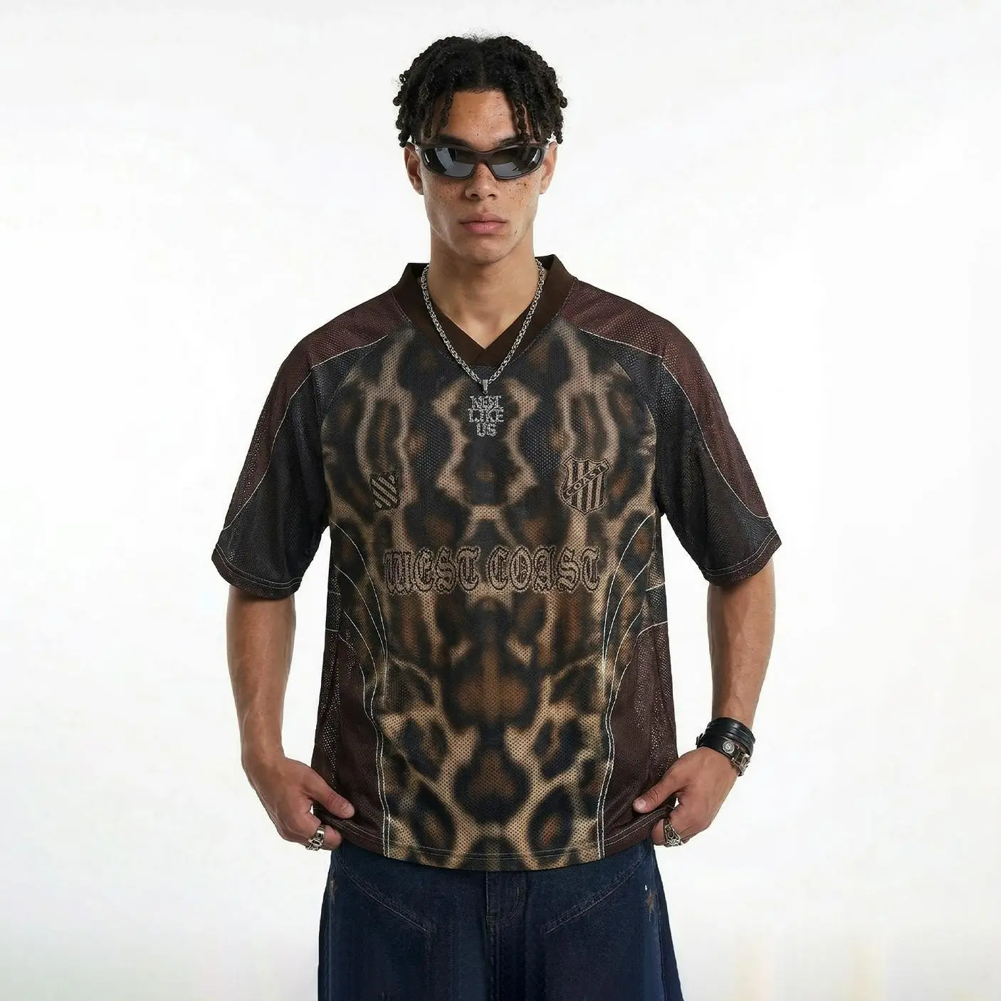 inflation Graphic T-Shirt, Unisex Retro Streetwear with Leopard Print, 260g Heavyweight Breathable Mesh, Slimming V-Neck, Casual Oversized Fit, Menswear, Breathable T Shirts, Casual Fit, Cheetah Print, Retro Street Edge