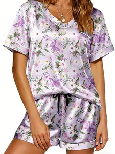Adjustable Waist Summer Sleepwear Set for Women, V-Neck Floral Printed Satin Pajamas, Casual Slim-Fit Short Sleeve Shorts, Womenswear, Pjs, Loungewear