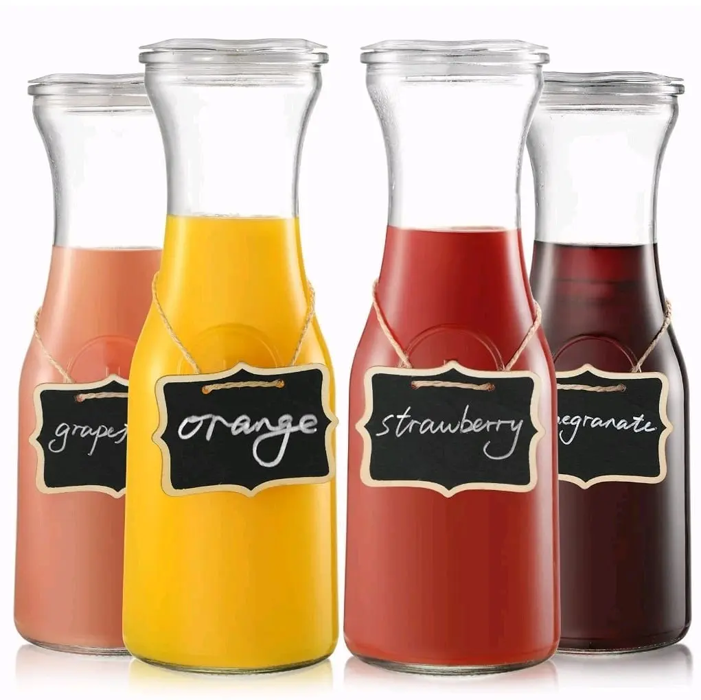 NETANY Set of 4 Glass Carafe with Lid, 1 Liter Beverage Serveware Carafe, Clear Glass Pitcher for Mimosa Bar, Brunch, Cold Water, Juice, Milk, Iced Tea, Lemonade Drink Serving