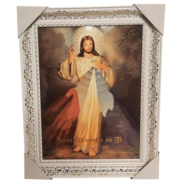 Senor De La Divina Misericordia 15"widex19"tall Divine Mercy White or Gold Frame Cuadro Artwork with Detailed Jesus En Ti Confio Elements Decoration Frame Religious art image, home decor, wall decor, church events, gifts