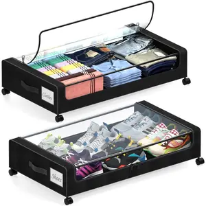 Under Bed Storage with Wheels, 2 Pack Under Bed Storage Containers with Dividers & Clear , XXL 65L Under the bed storage Organizer Bins, Underbed Storage with Wheels for Clothes (Black, 2 Pack)