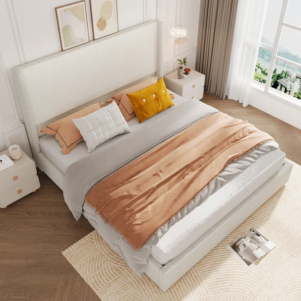 Modern Boho Upholstered Platform Bed Frame with 4 Storage Drawers, Sturdy Wood Slats, Easy Assembly
