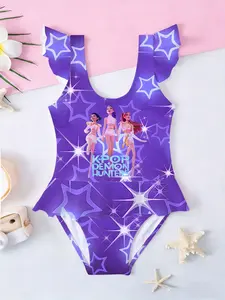 Girls' Kpop Demon Hunters Idol Style One-Piece Swimsuit, 3D Star Sparkle Kids Beach Swimwear, Ruffle Bikini Baby Bathing Suit, Modest Swimming Wear, Toddler Swimsuit
