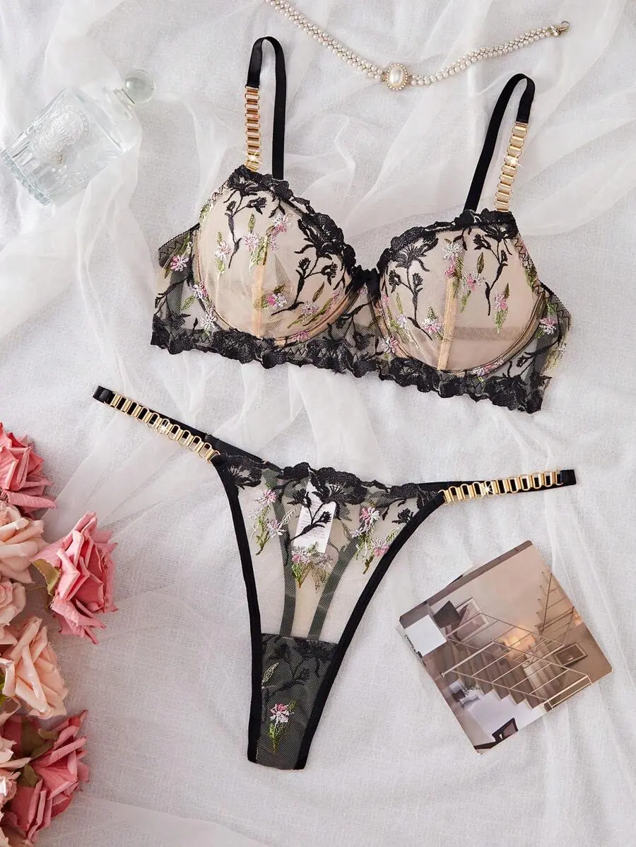 2-Piece Women's Floral Embroidered Chain-Decorated  Bra And Thong Sexy Lingerie Set; Embroidered Lingerie Set; Sheer Lingerie Set.!!!