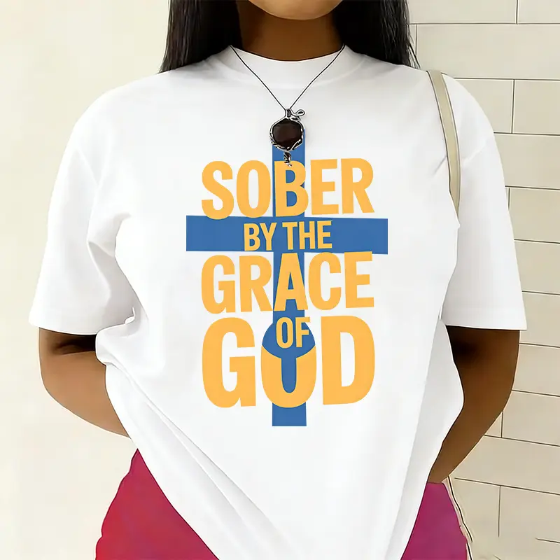 Women's Premium 100% Cotton Short-Sleeve Round Neck Streetwear T-Shirt - Religious Text Graphic Print, Inspirational "Sober By The Grace Of God" Quote, Faith-Based Sobriety Recovery Casual Top, Fabric, Premium 100% Cotton Women's T-Shirts