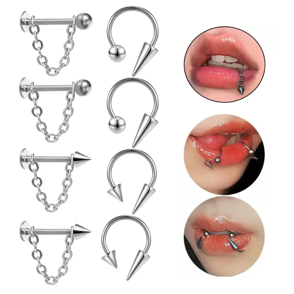 8PCS Surgical Steel Lip Ring Set Snake Eye Piercing Jewelry 10mm Bar Length