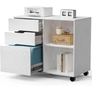 File Cabinet 3 Drawer, Mobile Storage Filing Office Drawers Printer Stand Rolling Under Desk Wood Organizer with Wheels Adjustable Shelf for A4 Letter Size, Home, Small Space, Whitewood