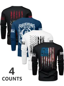 Men's Flag Series Crew Neck Long Sleeve Knitted T-Shirt Set, Casual Outdoor Pullover for Spring & Fall, Fitted Style, Bestseller