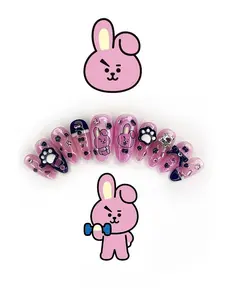 Pink Bunny Inspired 3D Press On Nails | Glitter Kawaii BT21 Handmade Nail Set C-Cooky-y | Cute Korean Style Reusable Fake Nails for Beaches, Summer, Holiday, Vacation, Birthday