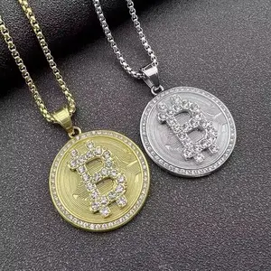 18K Gold & Silver Plated Chain with Bitcoin "B" Coin Pendant | Iced Out Simulated Diamond Crypto Necklace for Men & Women – AU25 Jewelry