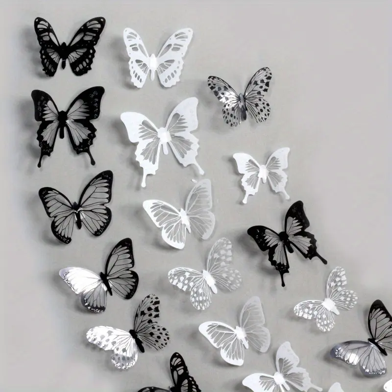 [2D Flat] One Set of Black And White Butterfly 3D Simulation Butterfly PVC Wall Art Decor, for Home, Living Room, Bedroom