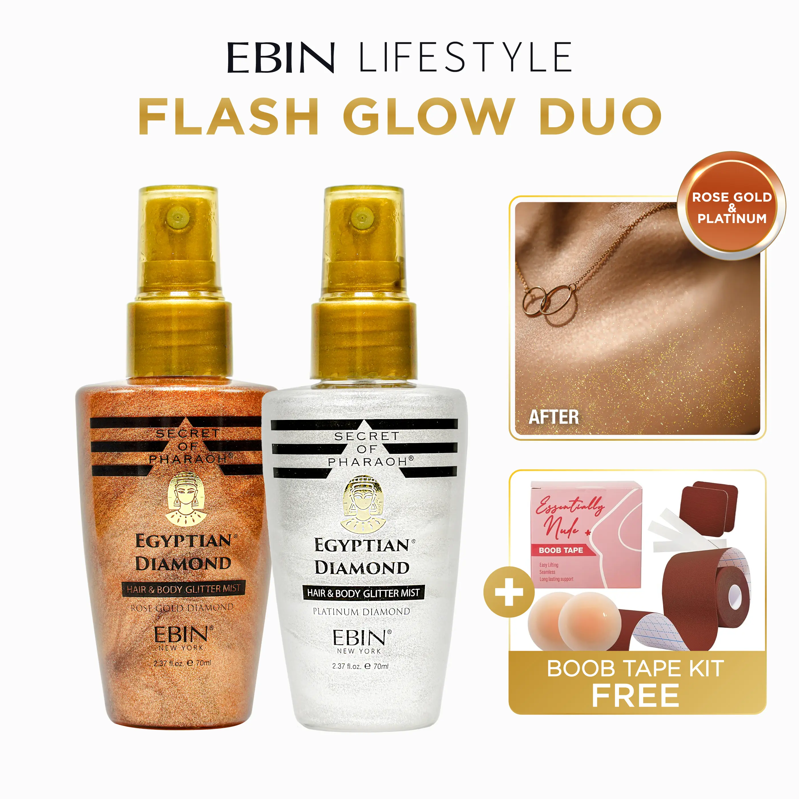 EBIN Hair & Body Glitter Mist (Rose Gold/Platinum) + FREE Boob Tape | Flash-Ready Glow, Lightweight Shimmer, Radiant Finish