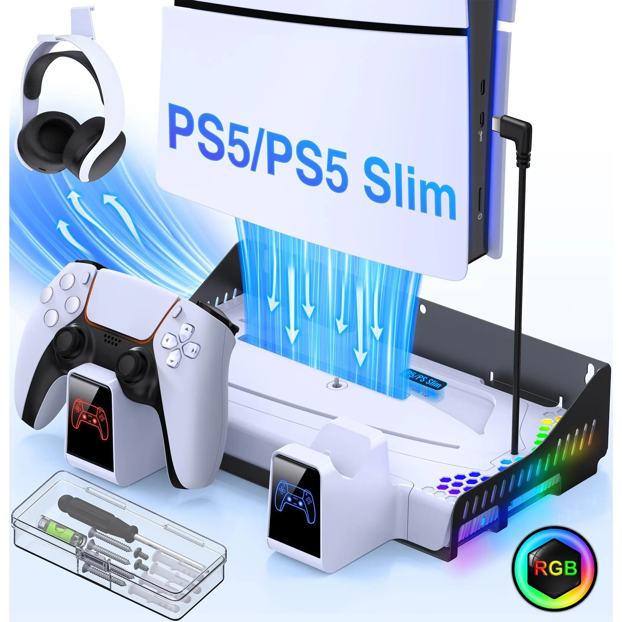 BEBONCOOL PS5 Stand & Cooling Fan Station with Dual Controller Charger - Gamer Stuff, Tech Gadgets, Gaming Accessories, 3-Speed Fan, LED Indicators, Wall Mountable or Desktop Use, Compatible with PS5 Slim/Disc/Digital Editions, Electronic Gadgets, Friend,