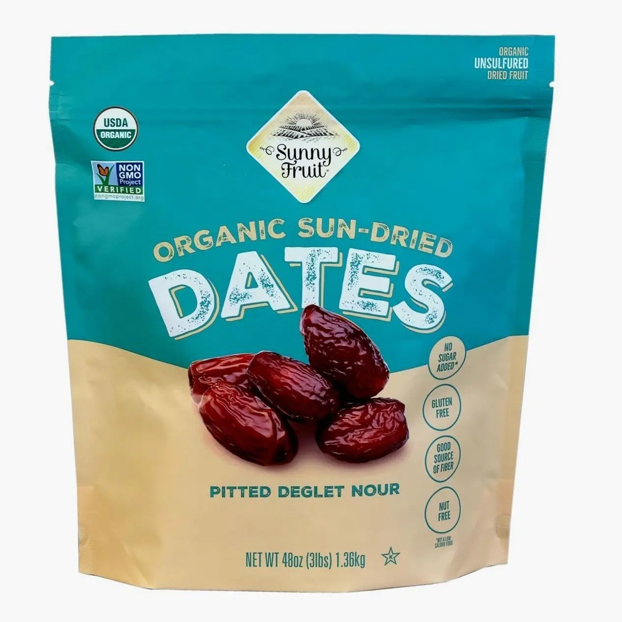 ORGANIC Pitted Dates (Deglet Nour) - Sunny Fruit 48oz Bulk Bag (3 lbs) | NO Added Sugars, Sulfurs or Preservatives | NON-GMO, VEGAN, HALAL & KOSHER