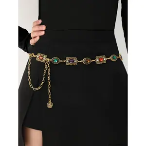 Vintage Metal Floral Waist Chain for Women, Rhinestone Decorated Belt Chain, Fashion Accessory for Dresses, Versatile Waist Chain