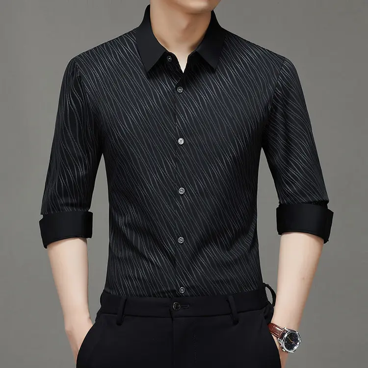 Menswear Casual Long Sleeve Shirt, Loose Fit Wrinkle-Resistant Top in Stretchy Ice Silk Fabric for Spring & Autumn