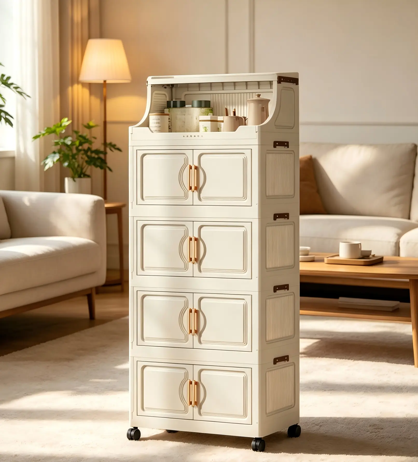 18.5 Inch Wide Stackable Storage Bins with Wheels and Clear Front Doors, Easy Assembly Cream Plastic Rolling Organizer Cabinet, Space-Saving Collapsible Storage Shelves for Living Room, Kitchen, Bathroom, Closet, Multipurpose Storage Containers