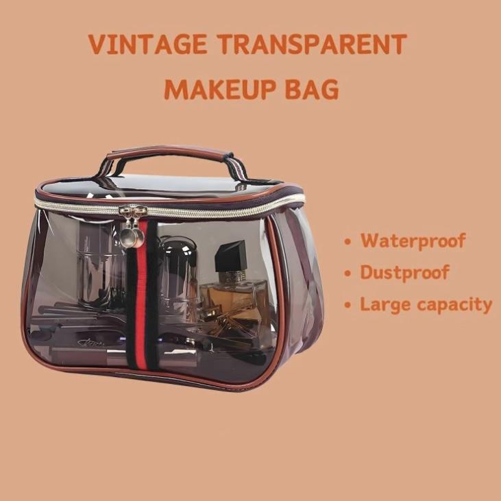 New Retro Vintage Vanity Bag, Clear Makeup Organizer with Handle, Large Capacity Water Resistant Cosmetic Toiletry Bag for Women, Travel Skincare Storage Case, Vintage Makeup Pouch