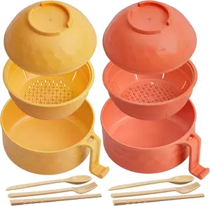 Microwave Ramen Cooker Bowls 2-Pack 33oz Wheat Fiber with Handles Strainer Spoon Chopsticks Fork for Dorm Apartment Home Yellow Orange