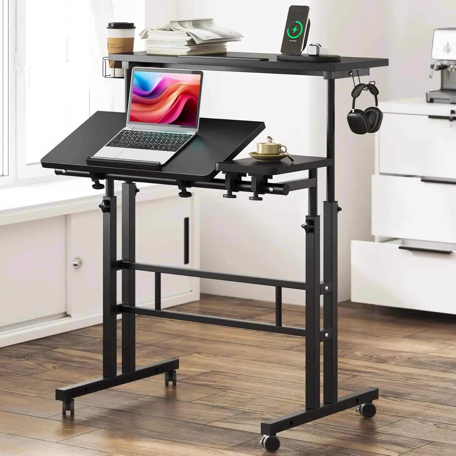 Soges Height Adjustable Mobile Standing Desk, 31.5" Rolling Laptop Cart with Cup & Headphone Holder, Space-Saving Computer Desk Home Office Workstation on Wheels (Black / White / Oak / Maple)
