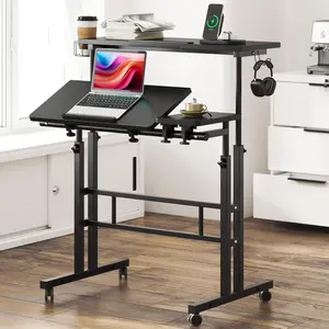 Soges Height Adjustable Mobile Standing Desk, 31.5" Rolling Laptop Cart with Cup & Headphone Holder, Space-Saving Computer Desk Home Office Workstation on Wheels (Black / White / Oak / Maple)