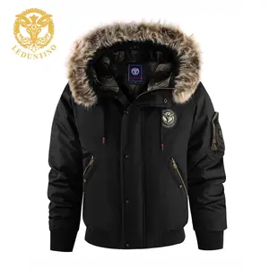 LEDUNTINO Men's Long-Sleeve Thick Heavy Fleece-Lined Hooded Fur Collar Winter Workwear Jacket, Stylish Black Casual Coat