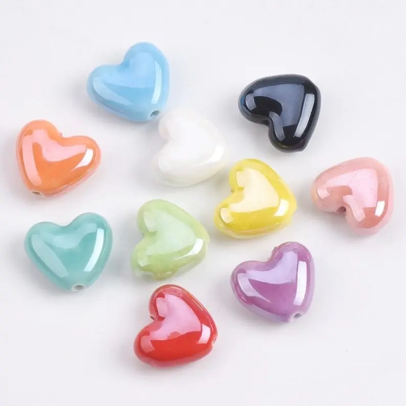 10pcs 15x13mm Heart Shape Handmade Shiny Glossy Glazed Ceramic Porcelain Loose Beads lot for Jewelry Making DIY Crafts