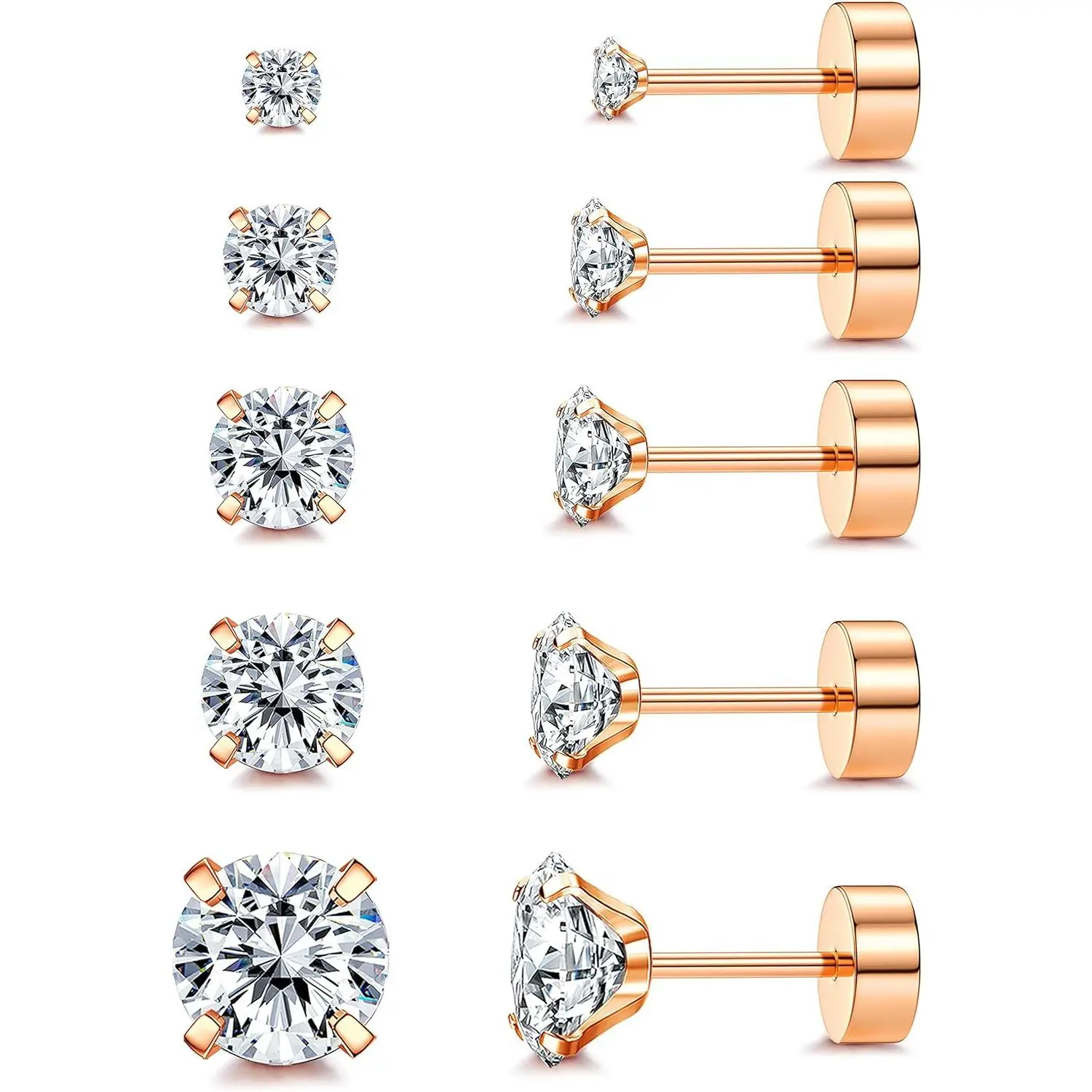 FLORIDECO 5-Pair G23 Titanium 20G Flat Back Stud Earrings Set, Artificial Zircon Jewelry for Sensitive Ears, 2/3/4/5/6mm Daily Wear Accessories for Women Men, Artificial Zircon Earrings, Stud Earring Jewelry, Earring For Women,summerwins