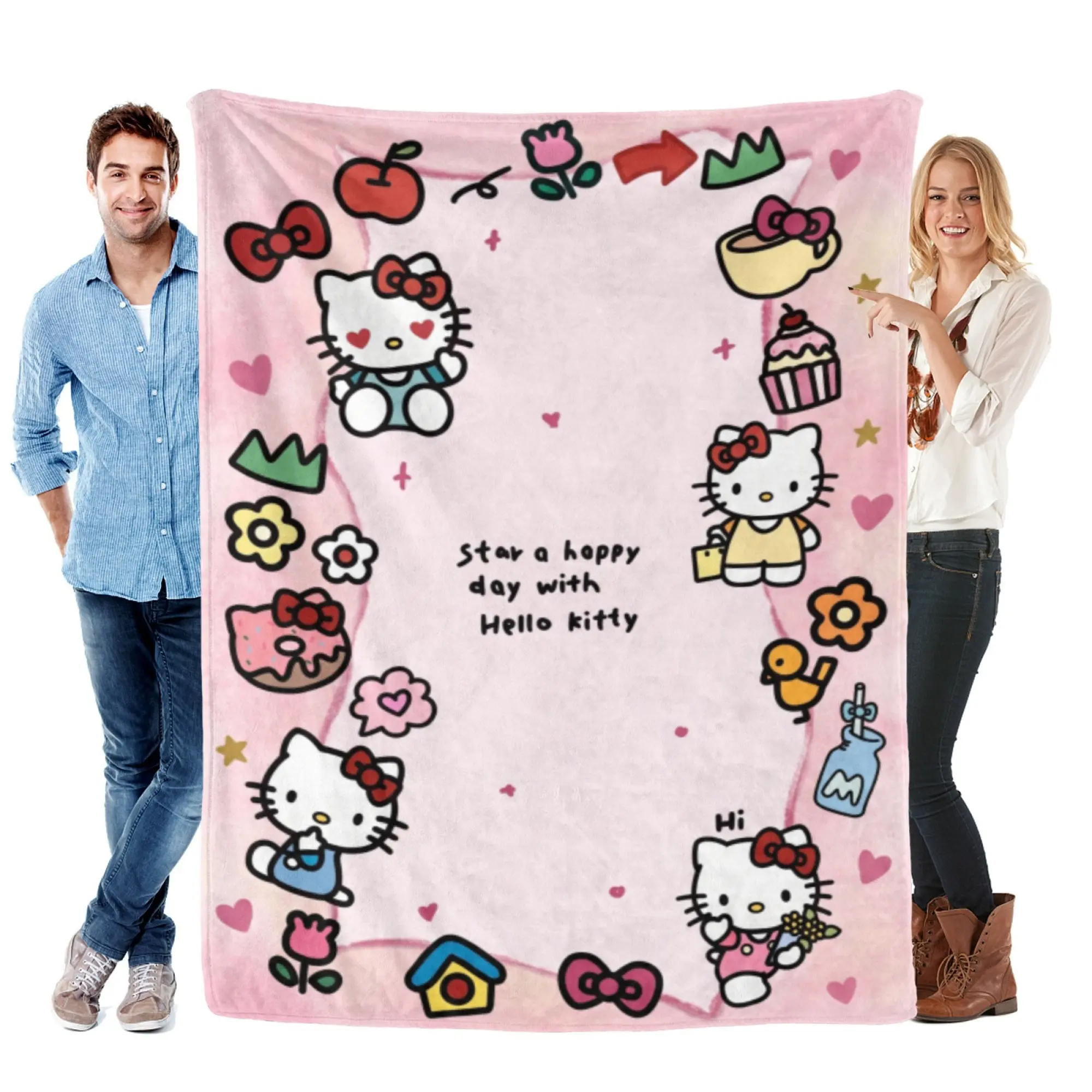 [SummerVibes] SANRIO CLASSIC Hello Kitty "Happy Day" Flannel Blanket - Soft Cozy Throw, Cute Pink 2D Print for Home, Bedroom Decor & Office Nap
