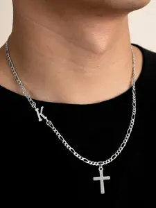 Men's Silver Color Stainless Steel Letter Cross Pendant Necklace, Fashion Casual Figaro Chain, New Style Letter Design, All Season Wear