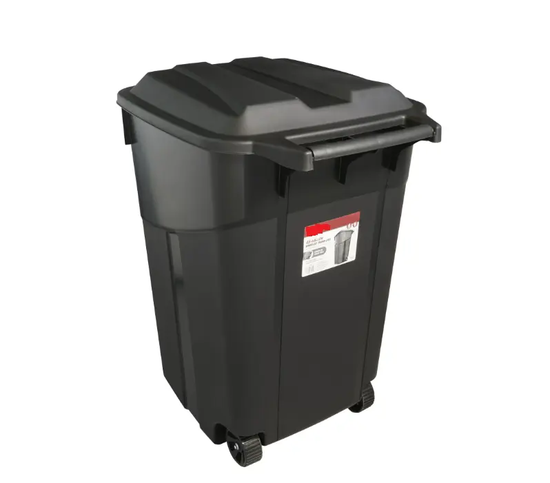 45 Gallon Wheeled Heavy Duty Plastic Garbage Can with Attached Lid, Black