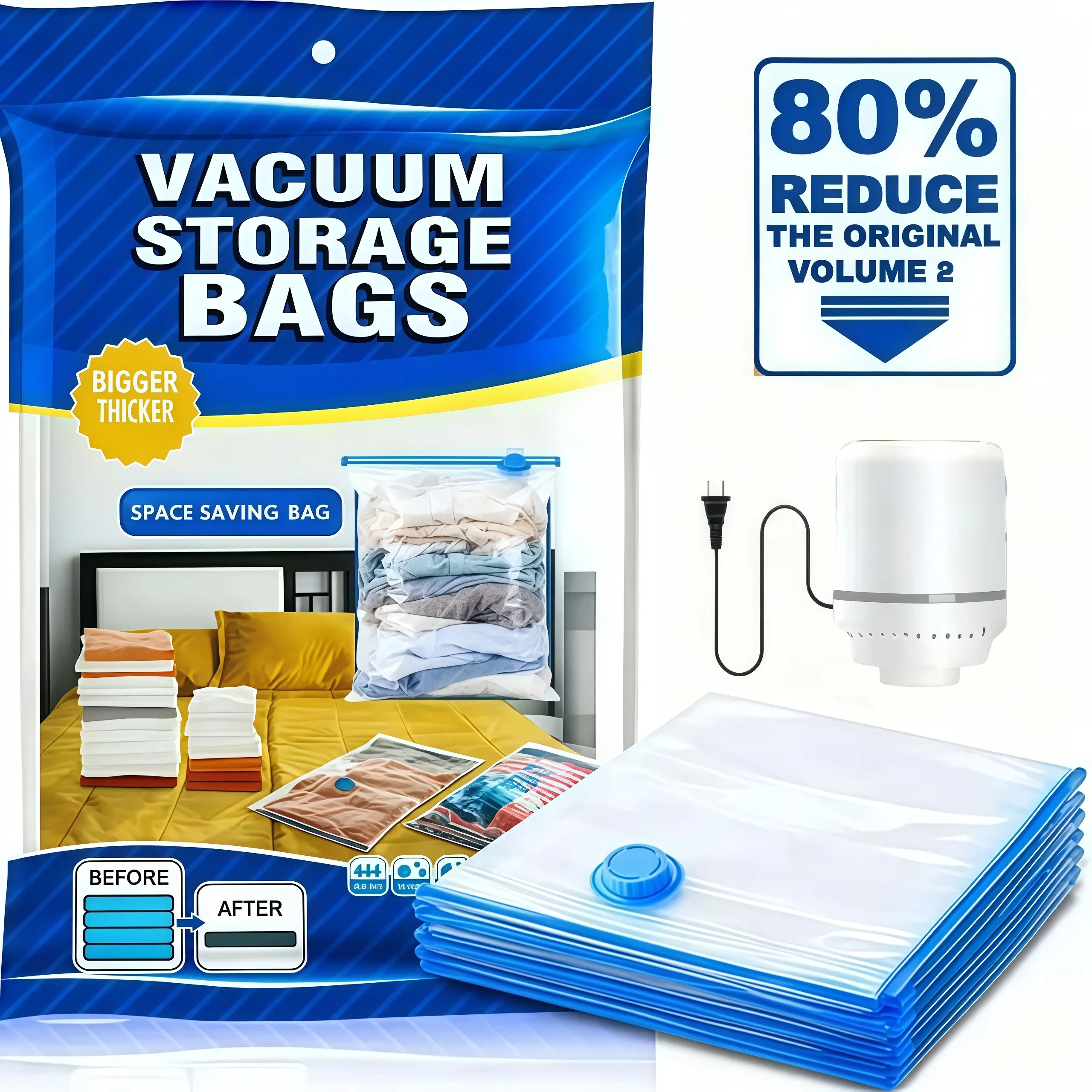 12 Pack Vacuum Storage Bags with Electric Rechargeable Pump, Large Space Saver Compression Bags for Clothes, Travel Luggage Organizer Bags, Closet & Suitcase Storage Solution