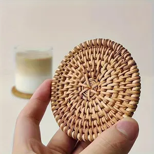 Round Rattan Braided Coaster, 2/4 Counts/set Elegant Tableware Accessory, Decorative Coaster for Home Kitchen Dining Room