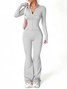 Women's Fashion Two-Piece Set, Slim Fit Long Sleeve Thumb Hole Cuffs, Zipper Front Jacket Style, Elastic Flare Pants, Daily Wear Womenswear