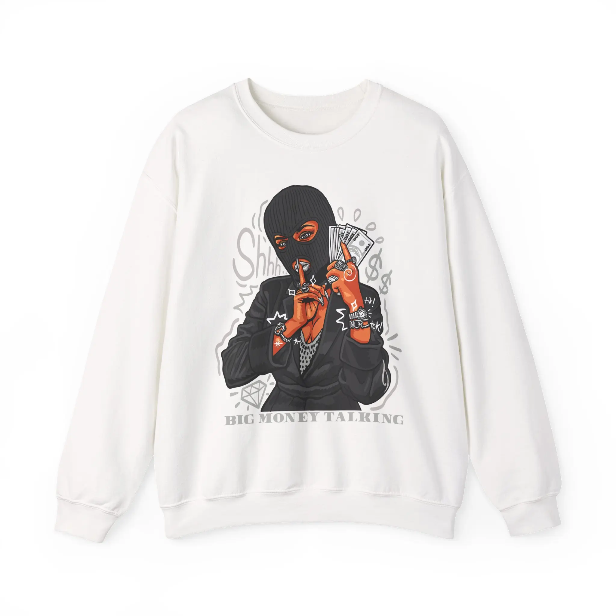 Masked Money Stack Crewneck Sweatshirt | Robber Illustration, Cash Scene