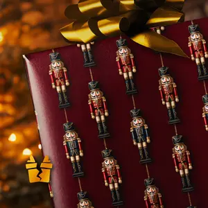 Nutcracker Christmas Wrapping Paper - Classic Holiday Gift Wrap with Vintage Toy Soldiers on Deep Red Linen Background
