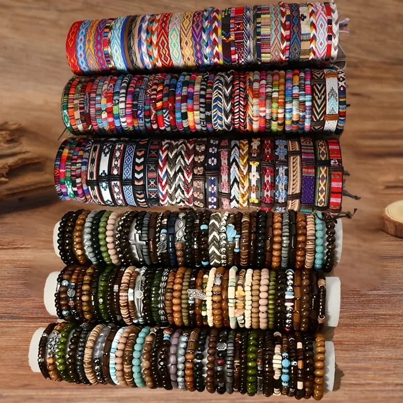 72Pcs Mixed Bohemian Matching Bracelets Set - Handmade Vintage Wooden Stretch String Stacking Bangles for Men & Women, Bracelets Jewelry