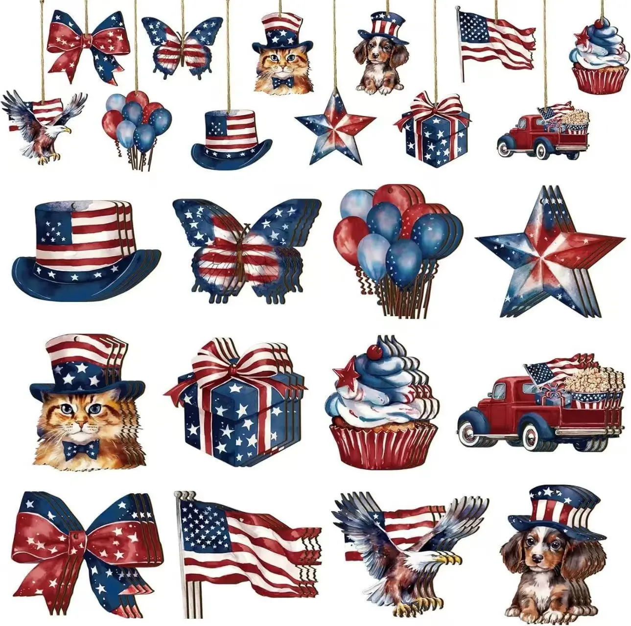 36/24/12-Piece Hanging Decoration Set —Indoor Recreational Equipment- Patriotic Tree Ornaments featuring Stars, Flags, Dogs, Cats, Balloons, and Red, White, & Blue Motifs — Wooden Hanging Ornaments