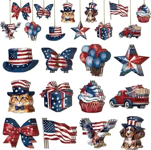 36/24/12-Piece Hanging Decoration Set —Indoor Recreational Equipment- Patriotic Tree Ornaments featuring Stars, Flags, Dogs, Cats, Balloons, and Red, White, & Blue Motifs — Wooden Hanging Ornaments