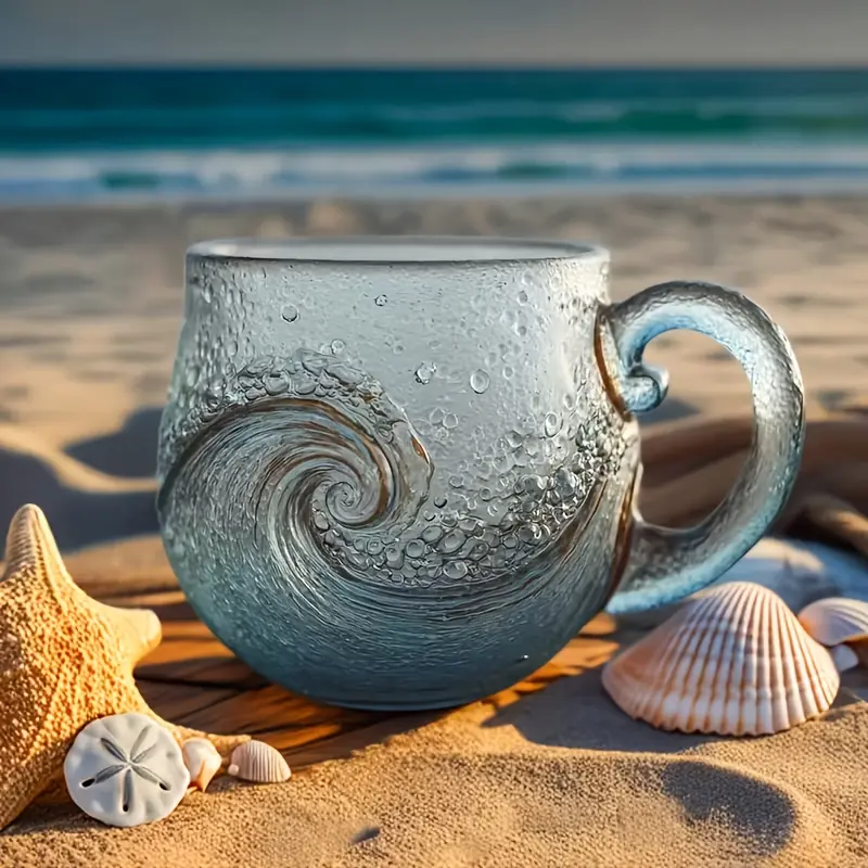 1pc Handcrafted Wave-Textured High Borosilicate Glass Drinking Cup - Turquoise Ocean-Themed Aesthetic Drinkware Tumbler, Handcrafted Wave Design