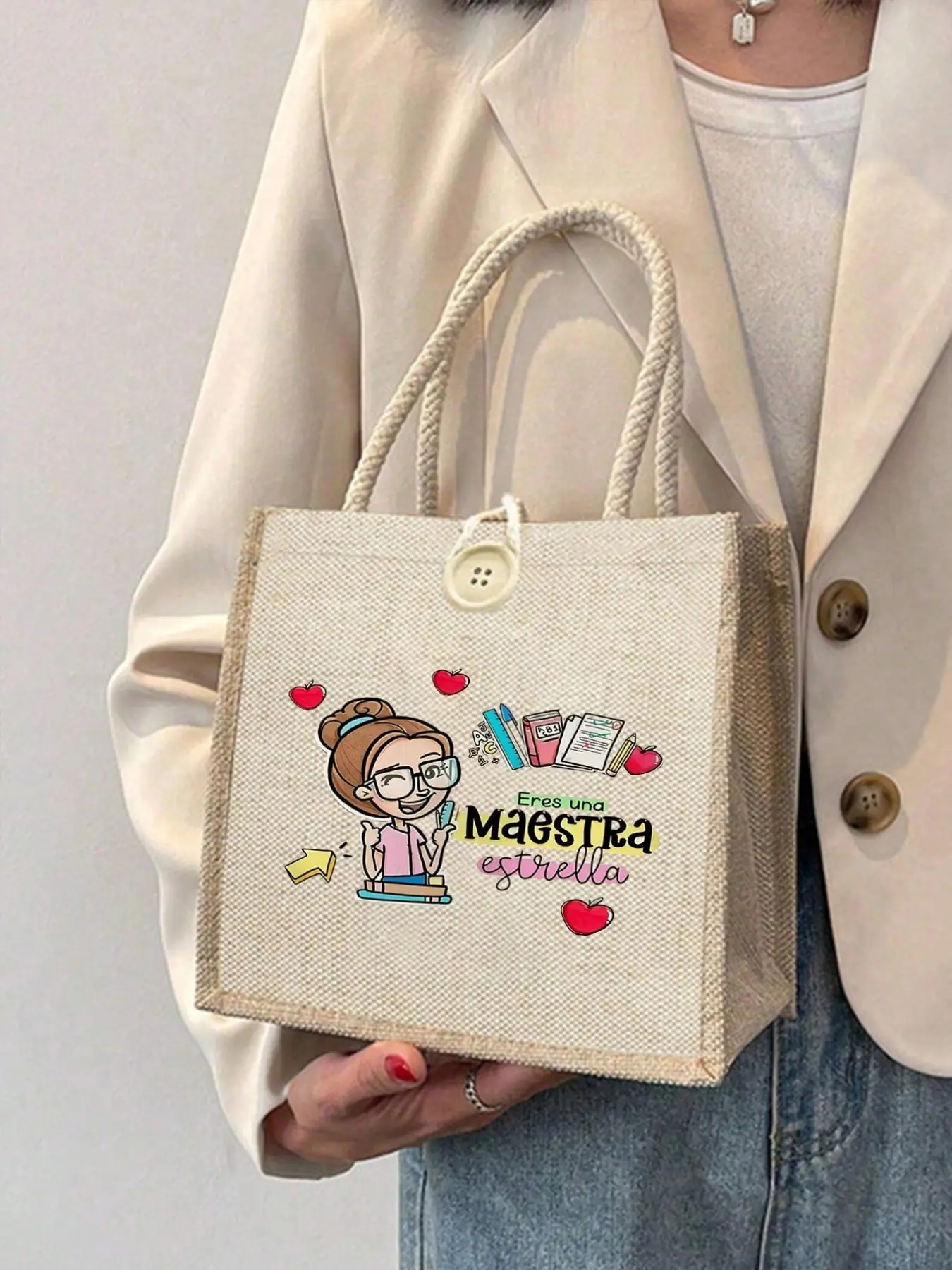 Best Teacher Letter Floral Linen Handbag, Reusable Print Women's Bag, Trendy Commuter Purse, Large Capacity Shoulder Bag, Casual Shopping School Bag, Gift for Friends and Teachers, Aesthetic Shoulder Bag, Casual Handbags, Casual Everyday Bag