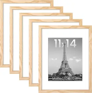 11x14 Picture Frame Set of 5, Display Pictures 8x10 with Mat or 11x14 Without Mat, Wall Gallery Photo Frames, Natural