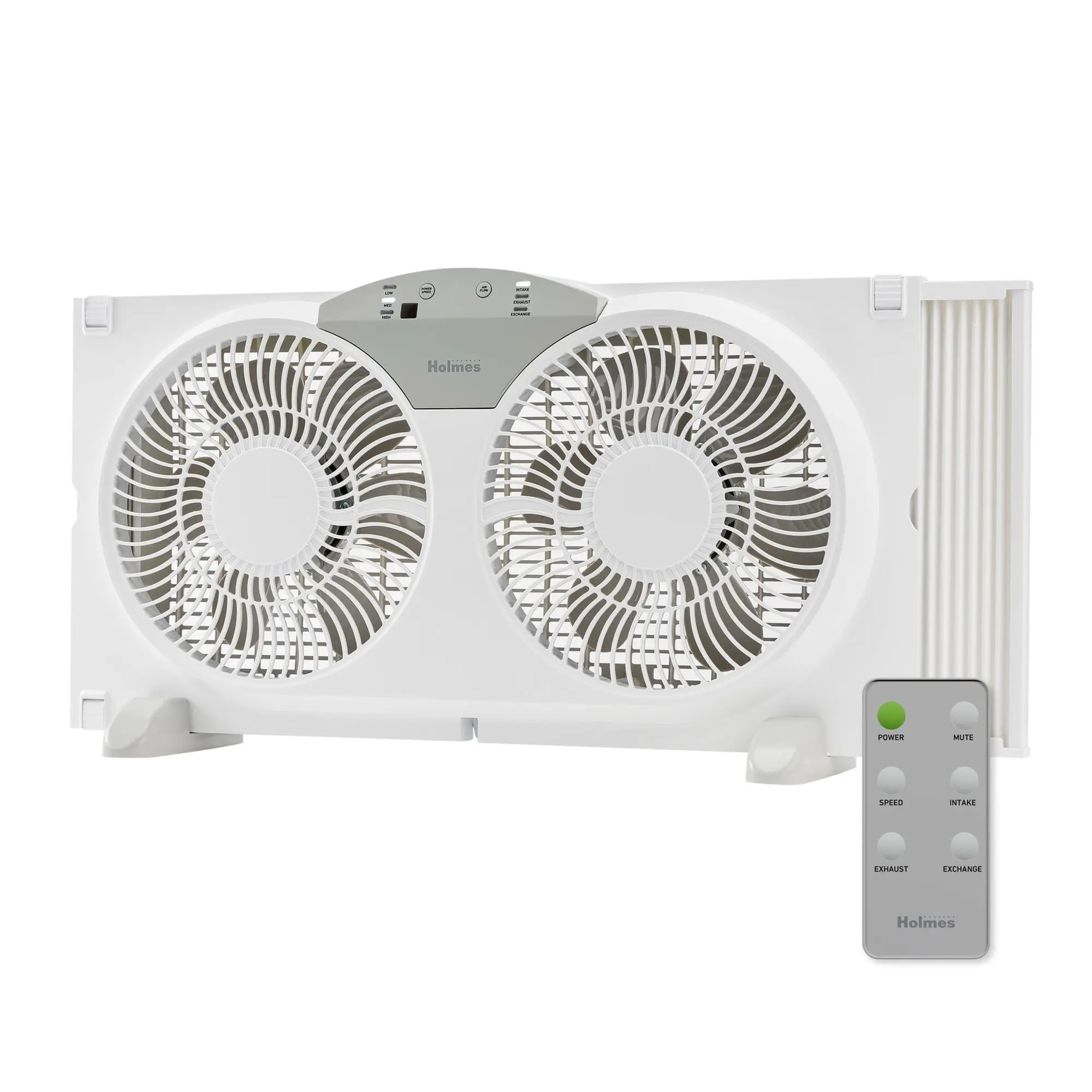 Holmes 9” Digital Window Fan, 3-Speed, Twin Blade, Reversible Airflow, Remote, White, 12972