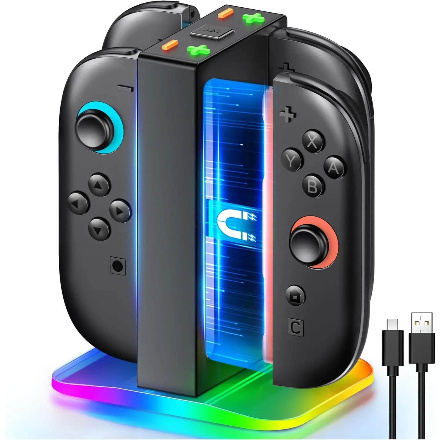 Upgraded 4-in-1 Magnetic 2-Hour Fast Charging Dock for 2025 Nintendo Switch 2 Joy-Cons - Gaming Console Controller Accessories with Lights, Port, Button, Organized Charging for NS2 Wireless Controllers (Ideal for Birthday Gifting)
