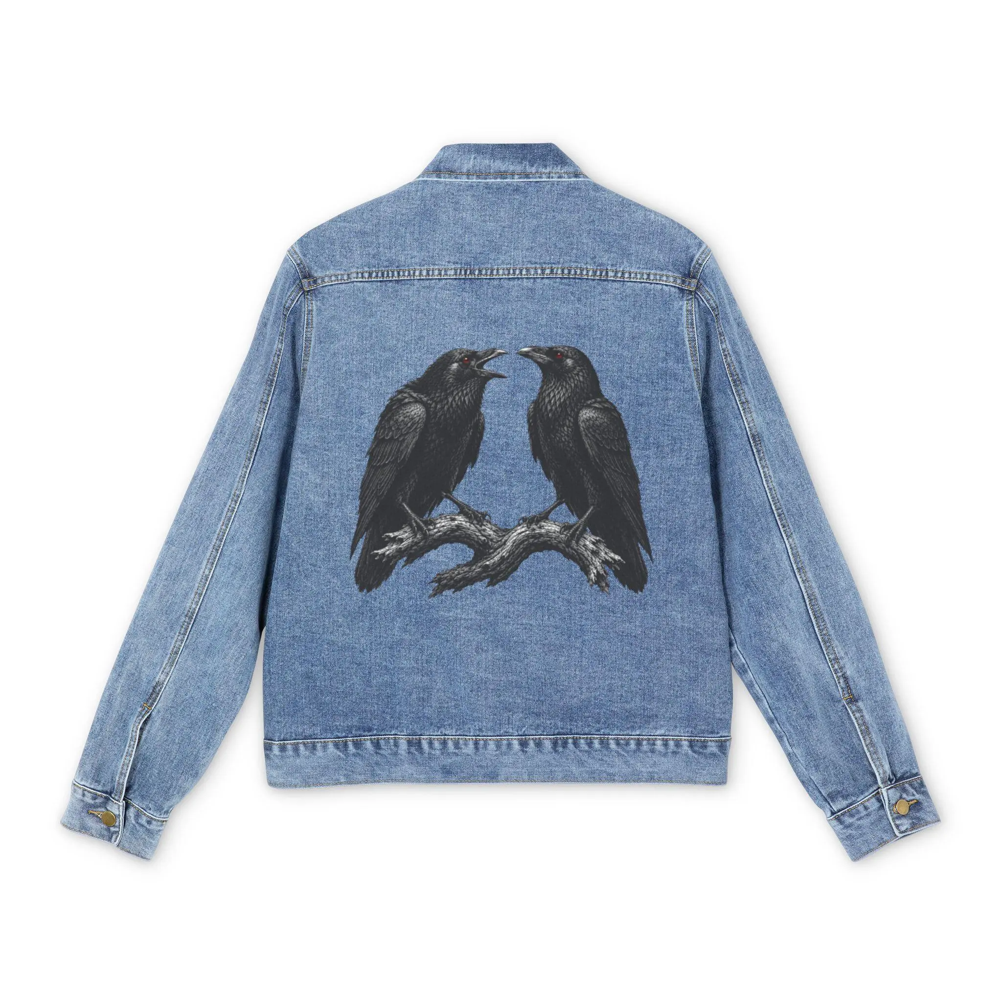 Black Feather Division Raven Denim Jacket | Montana Inspired Outdoor Jacket | Double Raven Back Graphic | Rugged Men's Trucker Jacket | Hiking Camping Adventure Wear | Ravenmark Supply Co Classic Coats