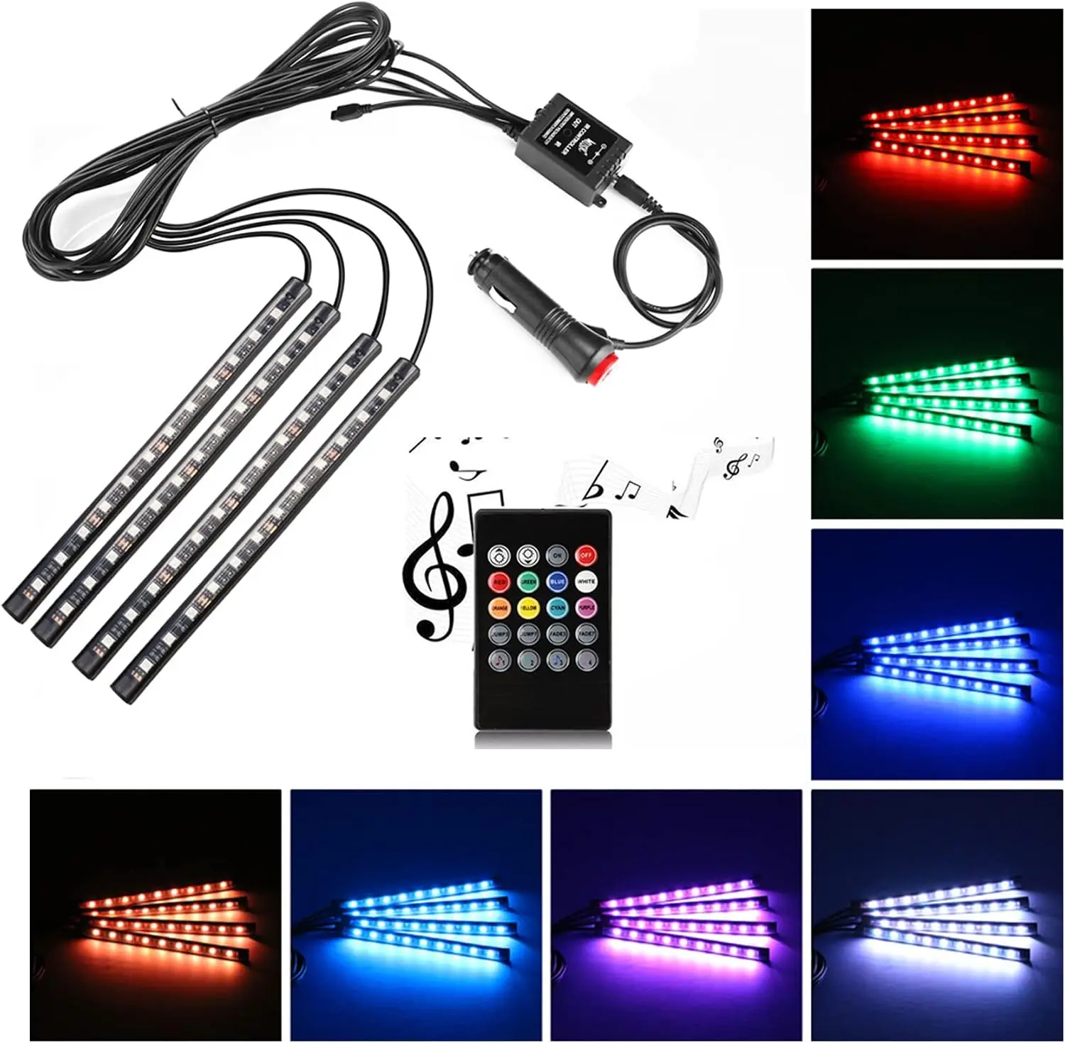 4-Piece DC 12V 72-LED Multicolor Car Interior Decorative Lights Kit, Sound-Active Music-Sync RGB Car Stuff with Wireless Remote & APP Control, Underdash Automotive Accessories